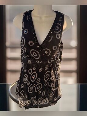 ALFANI Vintage Womens 100% Silk Embellished Dressy Blouse Top Black White Size 6